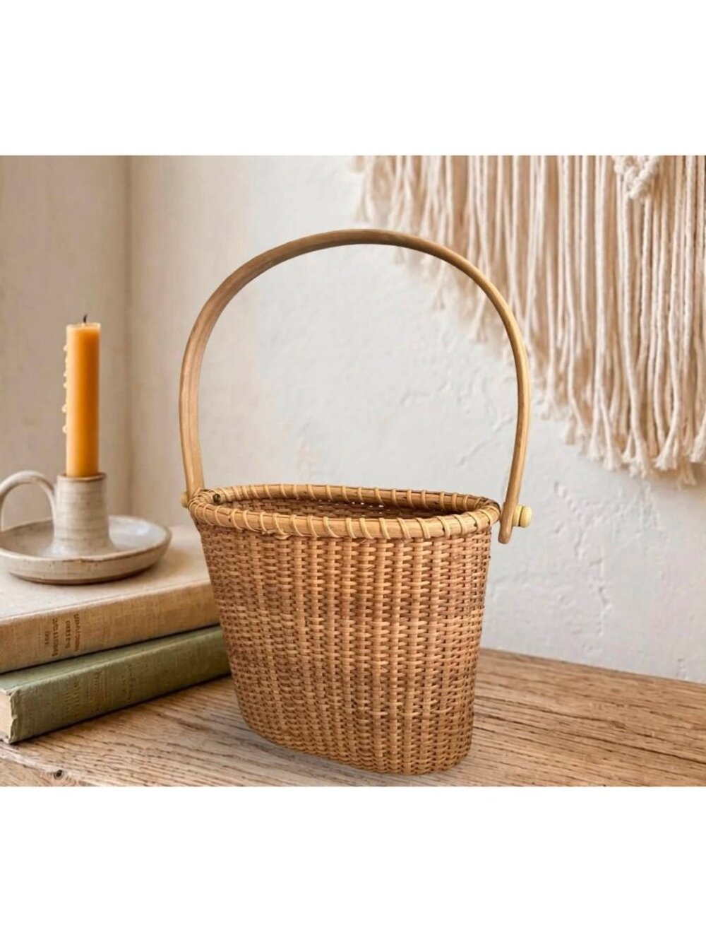 Nantucket Style Wall Basket Tight Weave Wood Handle and Bottom French Country Co - Picture 2 of 13